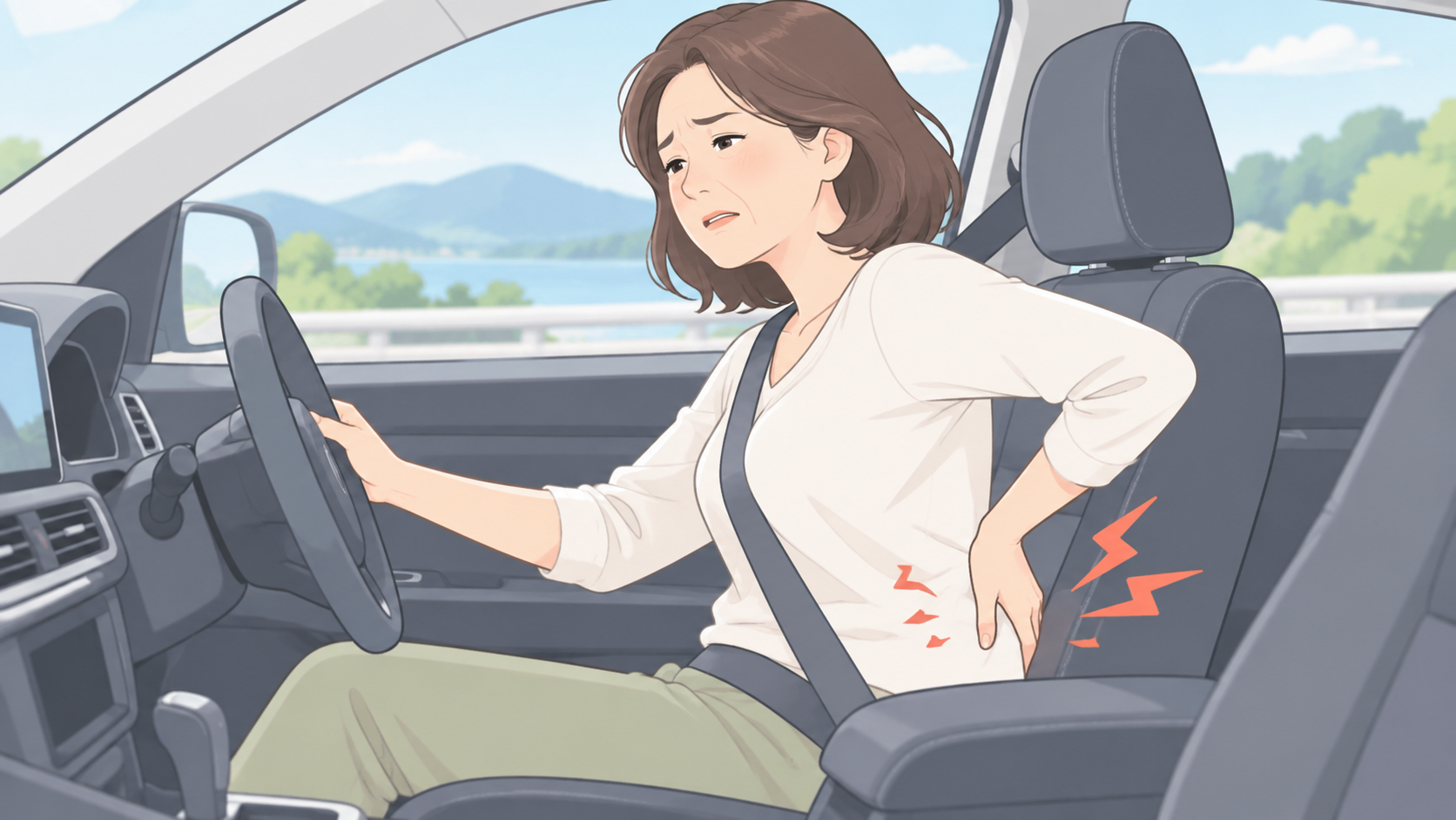 長時間の運転中に腰の痛みを感じている女性